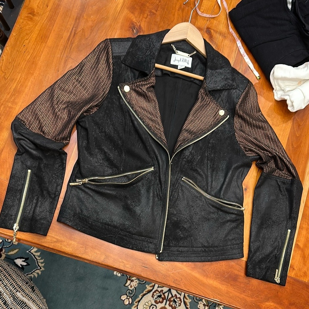 EUC, Joseph Ribkoff, L, faux suede and copper printed moto jacket